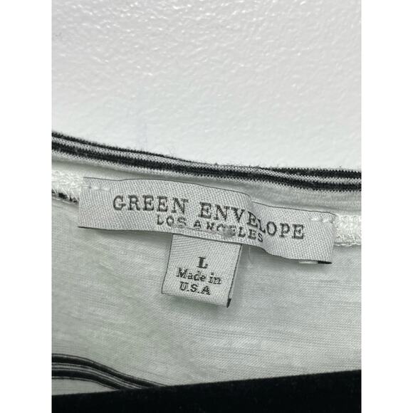 Green Envelope Short Sleeve Horizontal Striped V-Neck T-Shirt White Nautical L - Picture 4 of 10